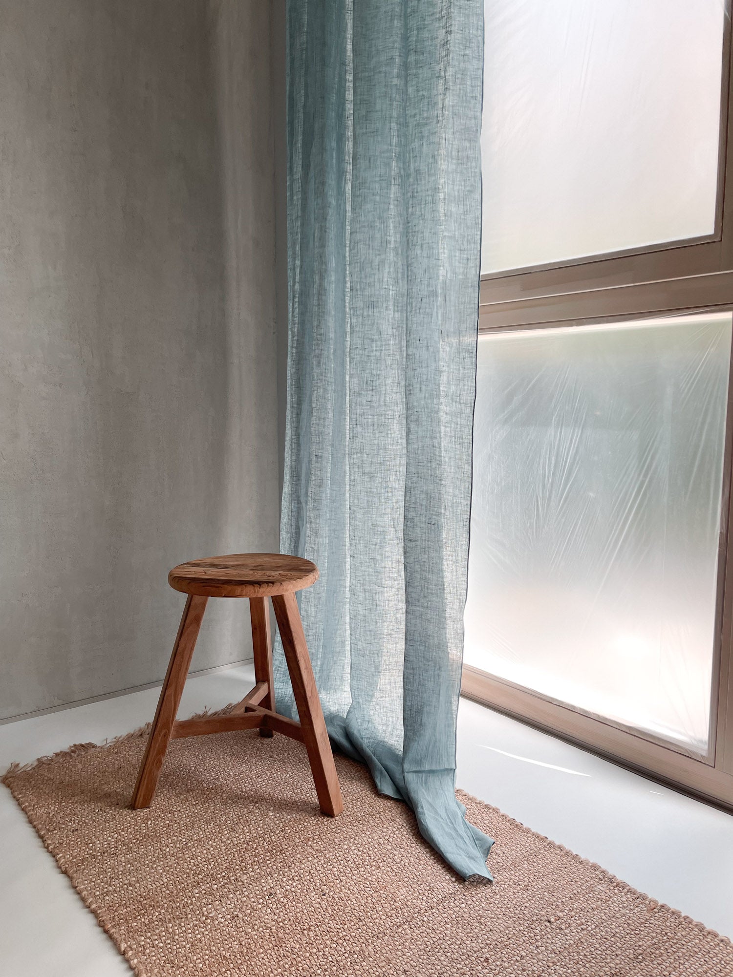 Linnen Mousseline Gordijn in Steenblauw, 1 stuk